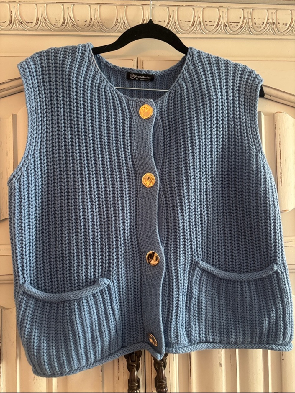 PrettyGarden cropped Powder Blue Knit Button sweater Vest with Gold Buttons